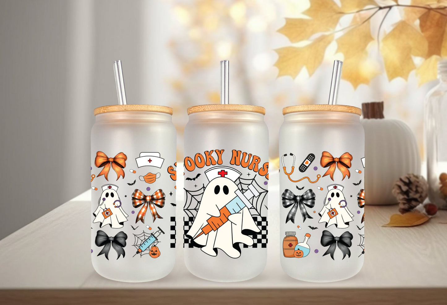 UVDTF Wrap Spooky Nurse Ghost Coquette Bows 16oz Can Glass, Mug, Tumbler, Halloween Wrap, Permanent Adhesive