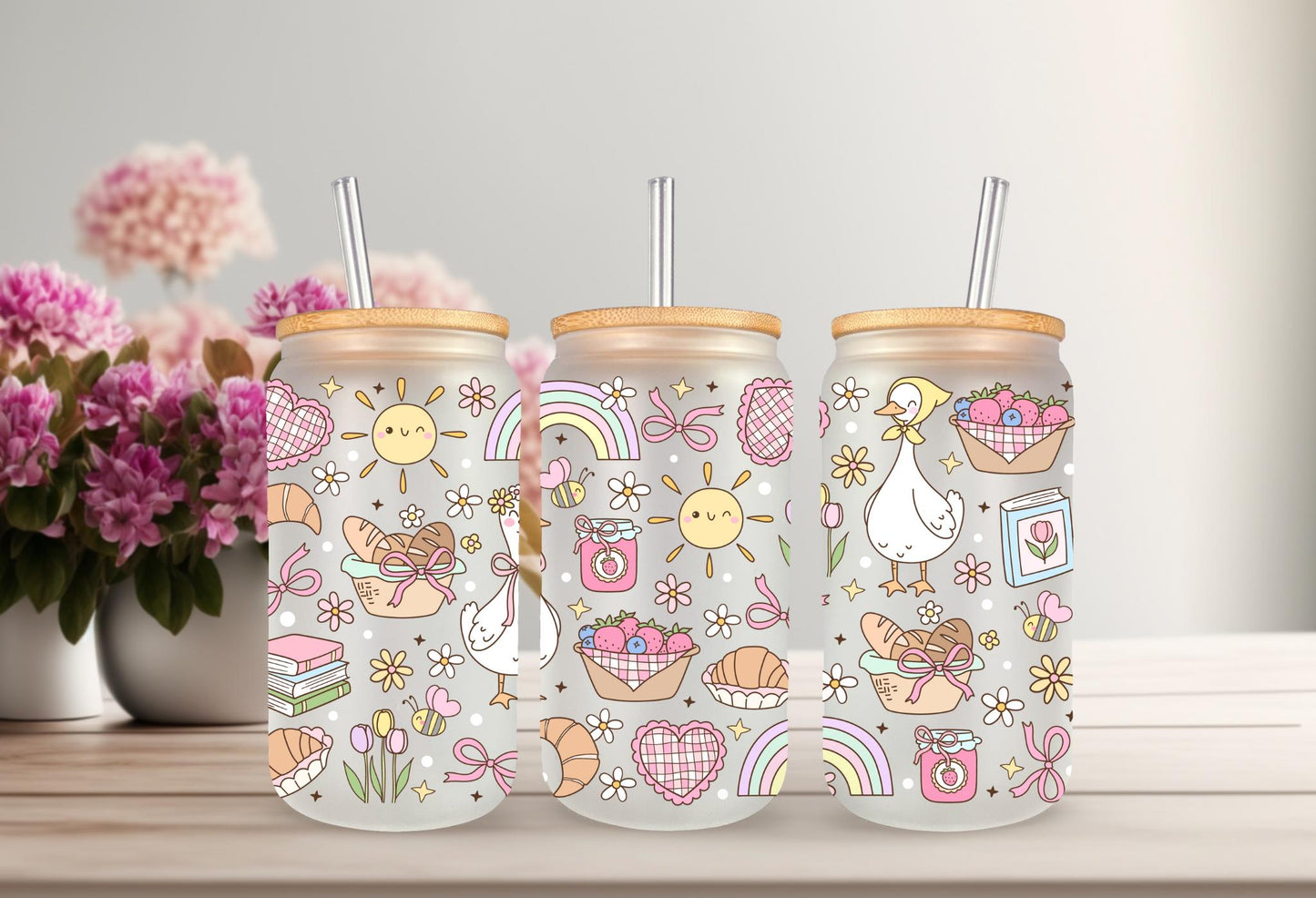 UVDTF Wrap Spring Floral Goose Picnic 16oz Can Glass Mug Tumbler Wrap, White Goose, Ready to apply, Permanent Waterproof Adhesive