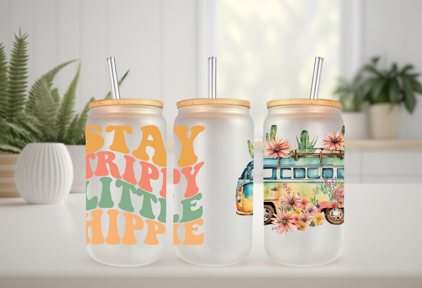 UVDTF Wrap Retro Stay Trippie Little Hippie Van 16oz Can Glass Mug Tumbler, Ready to apply, Permanent Waterproof Adhesive