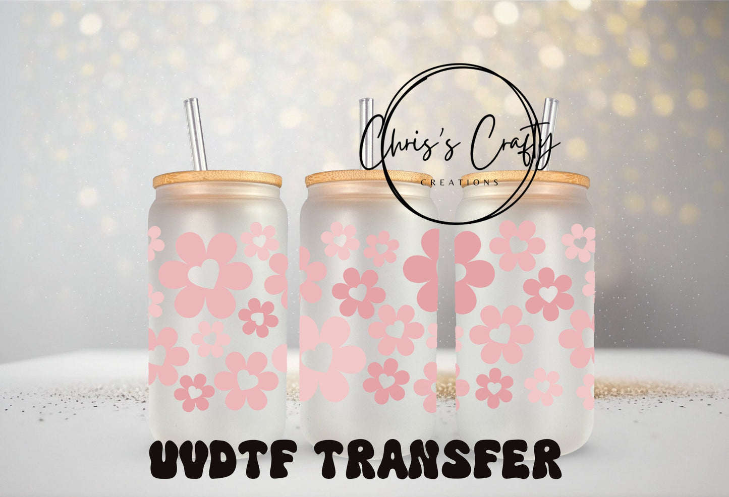 UVDTF Wrap Retro Pink Flower Hearts 16oz Can Glass Mug Tumbler, Ready to Apply, Permanent Waterproof Adhesive, Add on to can glass