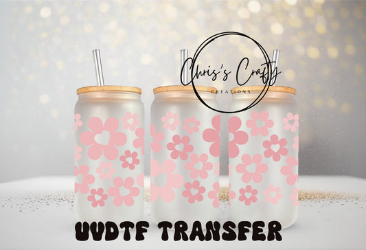 UVDTF Wrap Retro Pink Flower Hearts 16oz Can Glass Mug Tumbler, Ready to Apply, Permanent Waterproof Adhesive, Add on to can glass
