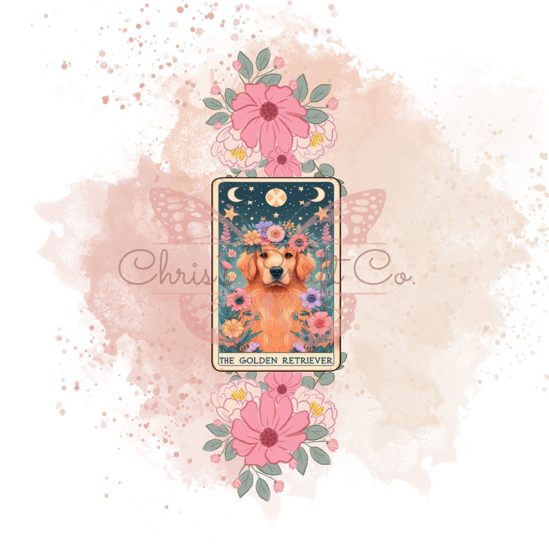 UVDTF Pen Wrap Golden Retriever Tarot Card Retro Flower, Dog Pen wrap, Pen Wrap, Epoxy Pen Wrap, Permanent Waterproof Adhesive, Ready to Apply