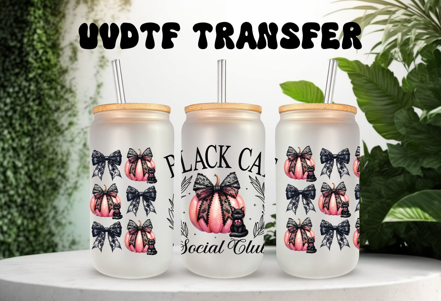 UVDTF Wrap Black Cat Social Club Pink Pumpkin Coquettes Bows 16oz Can Glass, Mug Tumbler, Ready to Apply, Permanent Waterproof Adhesive