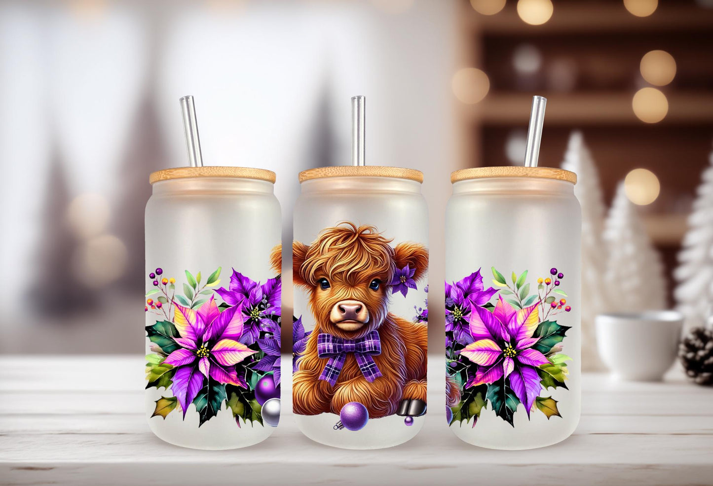 UVDTF Wrap Highland Cow Poinsettias Ornaments Purple 16oz Can Glass Mug Tumbler, Ready to Apply, Permanent Waterproof Adhesive