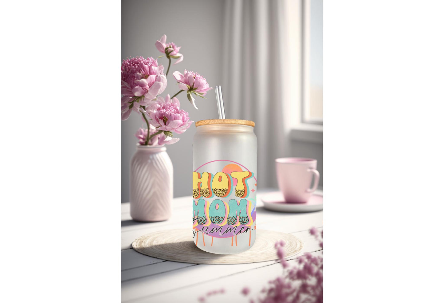 UVDTF Wrap Hot Mom Summer Leopard 16oz Can Glass Mug Tumbler, Ready to Apply, Permanent Water Adhesive