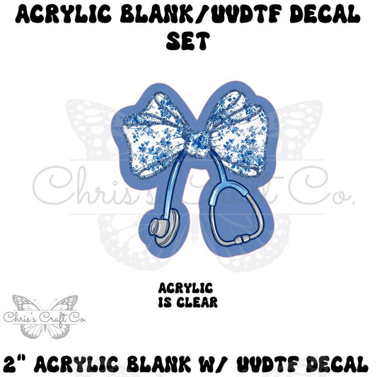 Coquette Bow Floral Stethoscope Blue Acrylic Blank Decal Set, DIY Badge Reels, Bow Blank UVDTF sticker, Unfinished Badge Reel, Badge Blanks