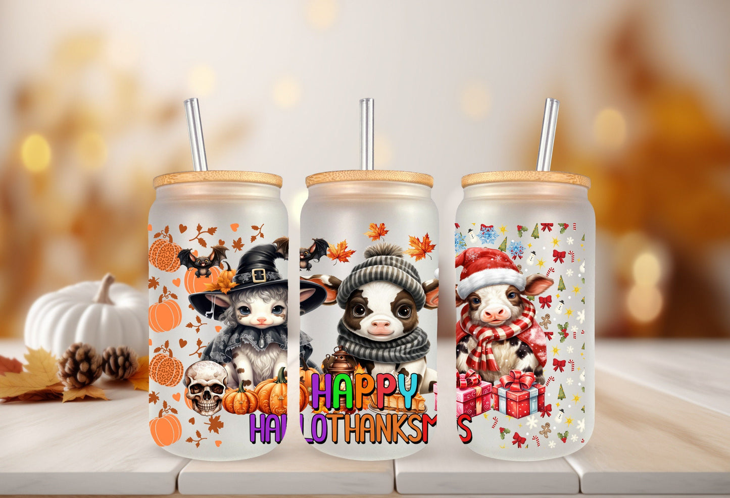 UVDTF Wrap Cows Happy Hallothankmas 16oz Can Glass Mug Tumbler, Ready to Apply, Permanent Waterproof Adhesive