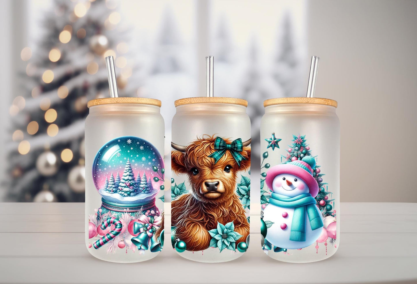 UVDTF Wrap Highland Cow Snowman Snow Globe, Christmas