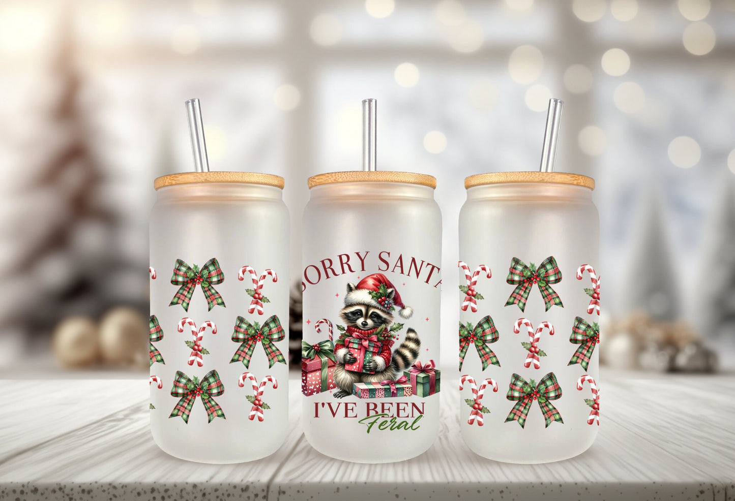 UVDTF Wrap Sorry Santa I’ve Been Feral Racoon Coquettes Bows 16oz Can Glass, Mug,  40oz  Tumbler, Ready to apply, Christmas Wrap