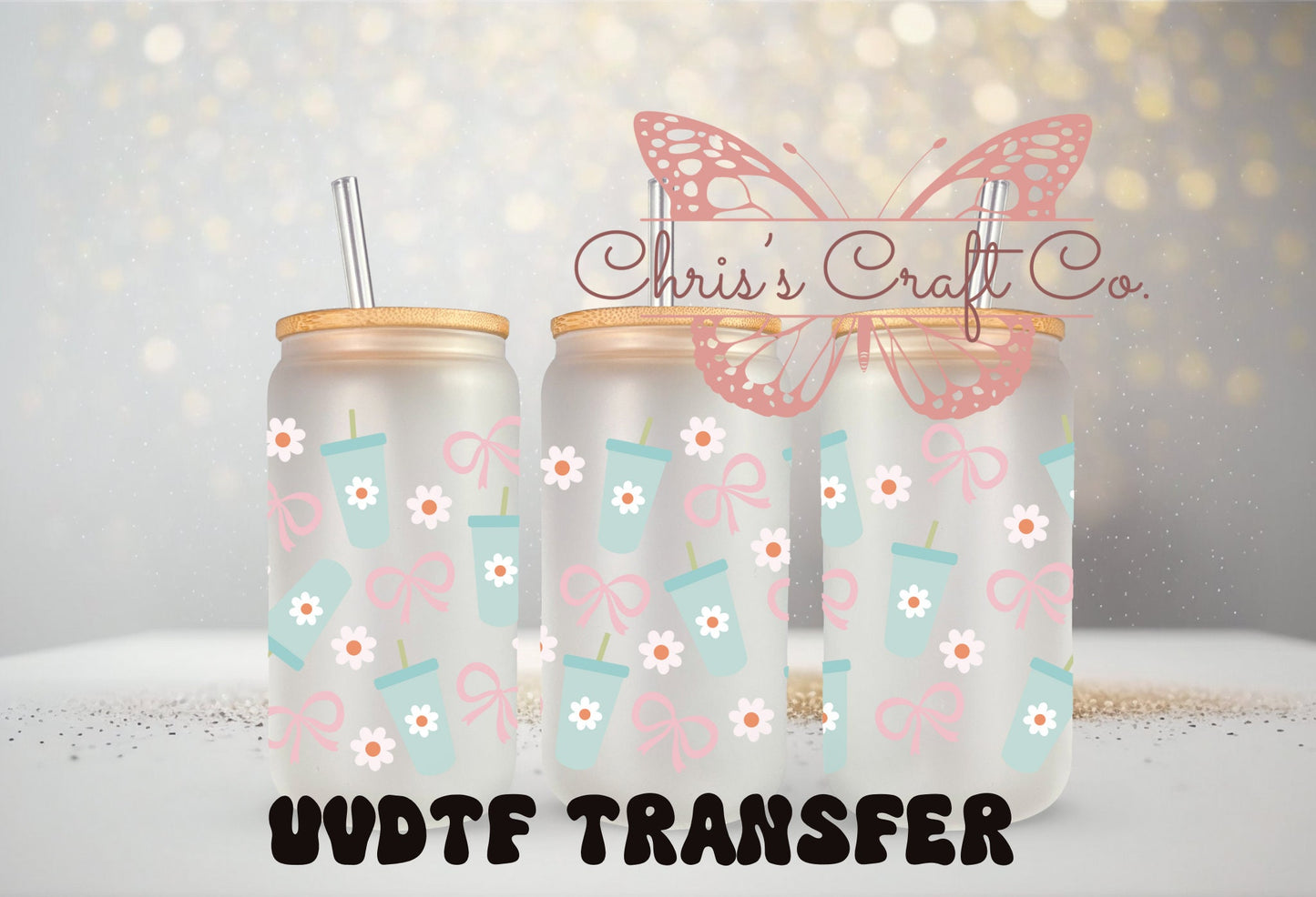 UVDTF Wrap Blue Tumbler Daisies 16oz Can Glass Mug Tumbler,  Ready to apply, Permanent Waterproof Adhesive