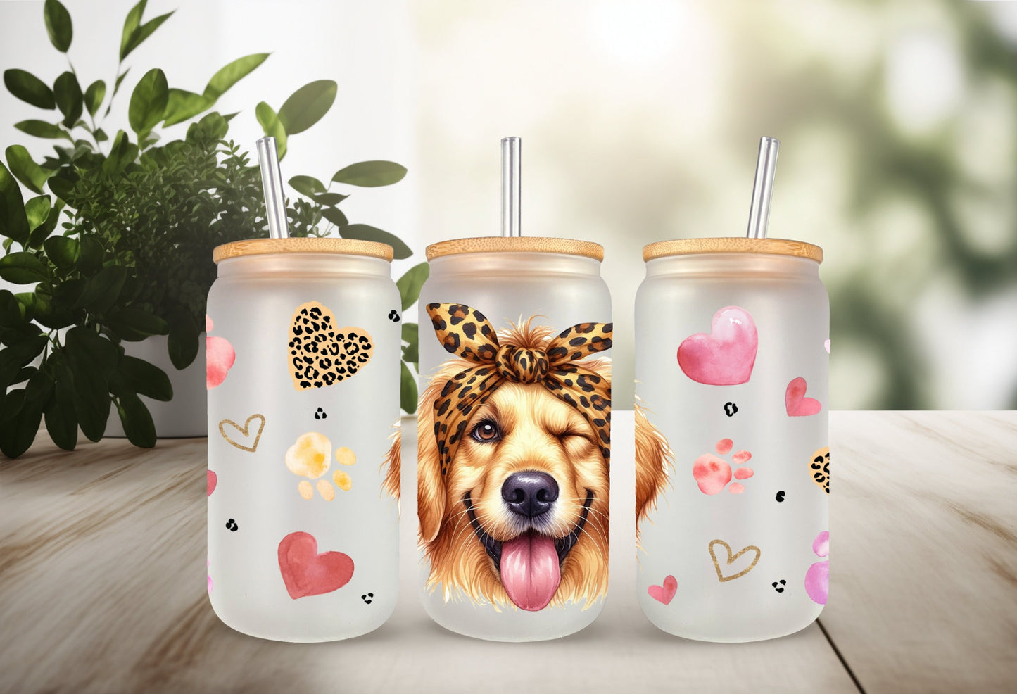UVDTF Wrap Cute Golden Retriever Leopard Bandana for 16oz can glass Mug Tumbler, Ready to apply, Permanent Waterproof Adhesive, Double Sided option