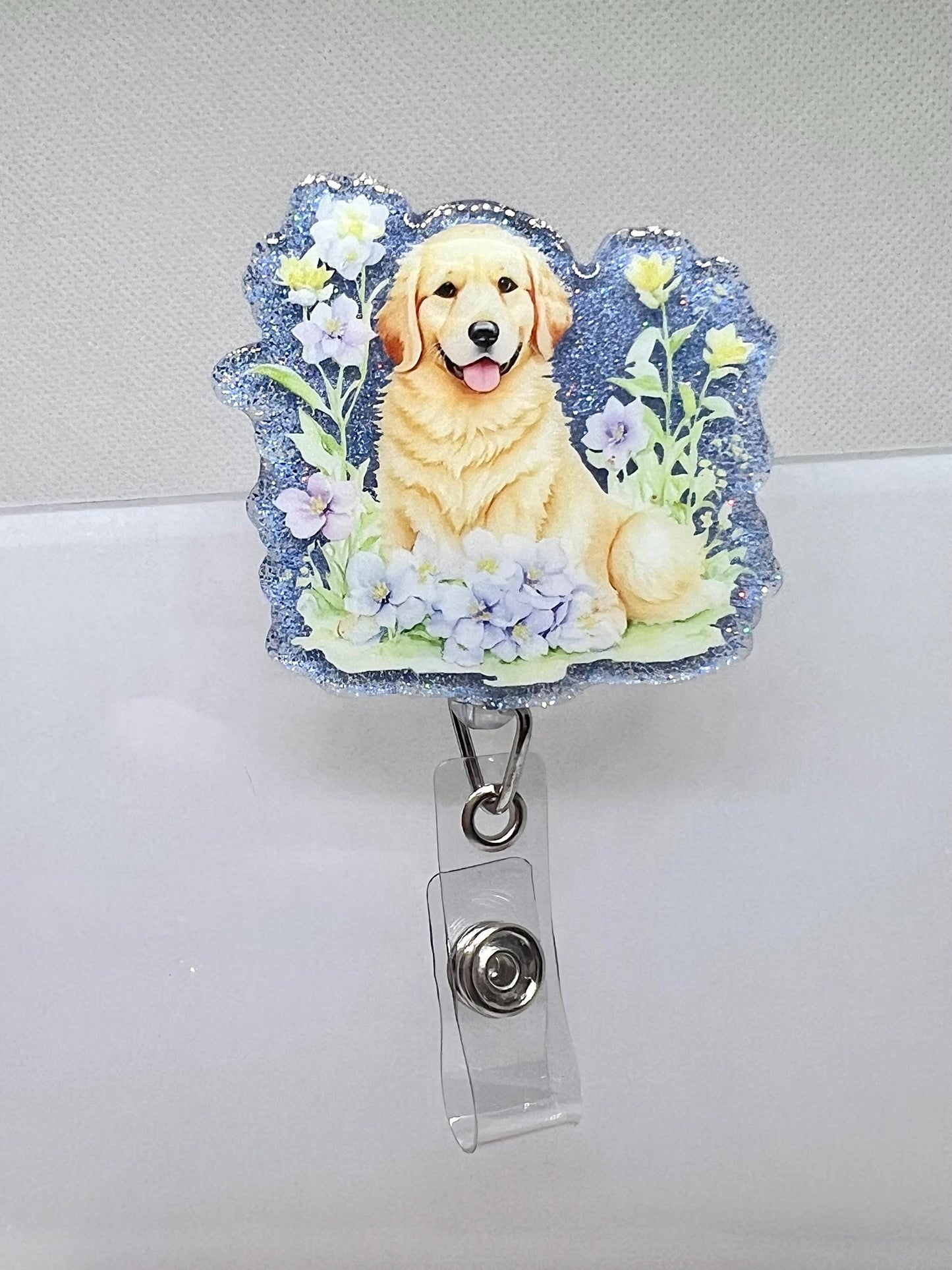 Golden Retriever Badge Reel – Glittery Blue Design with Floral Accents for Dog Lovers and Professionals, Gifts for Her, Graduation Gift