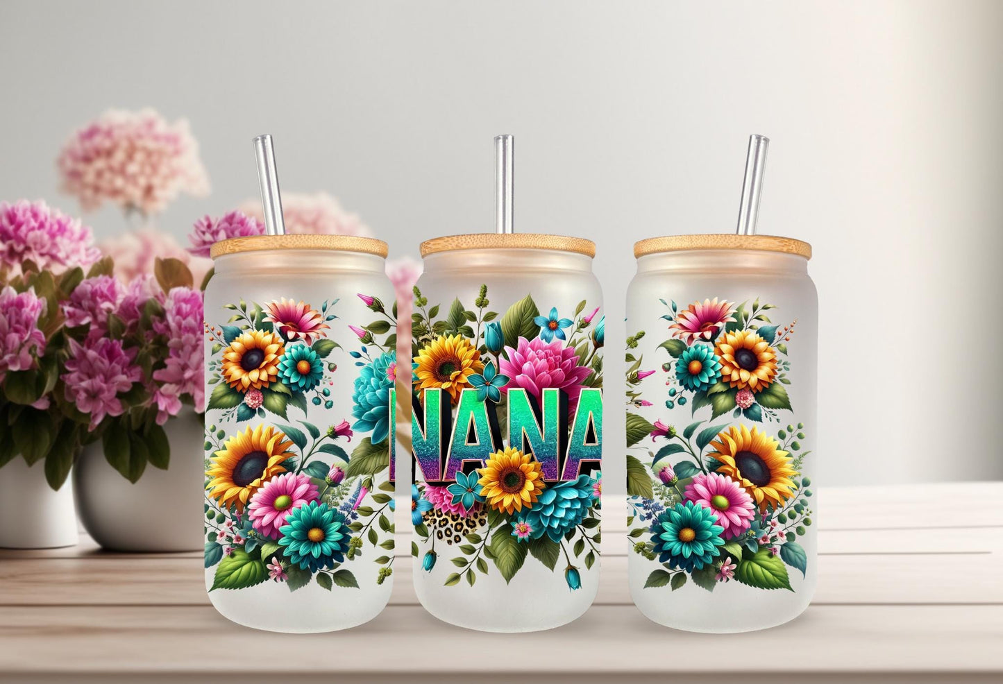 UVDTF Wrap Floral Nana for 16oz Can Glass Mug Tumbler, Grandmother Wrap, Ready to Apply, Permanent Waterproof Adhesive