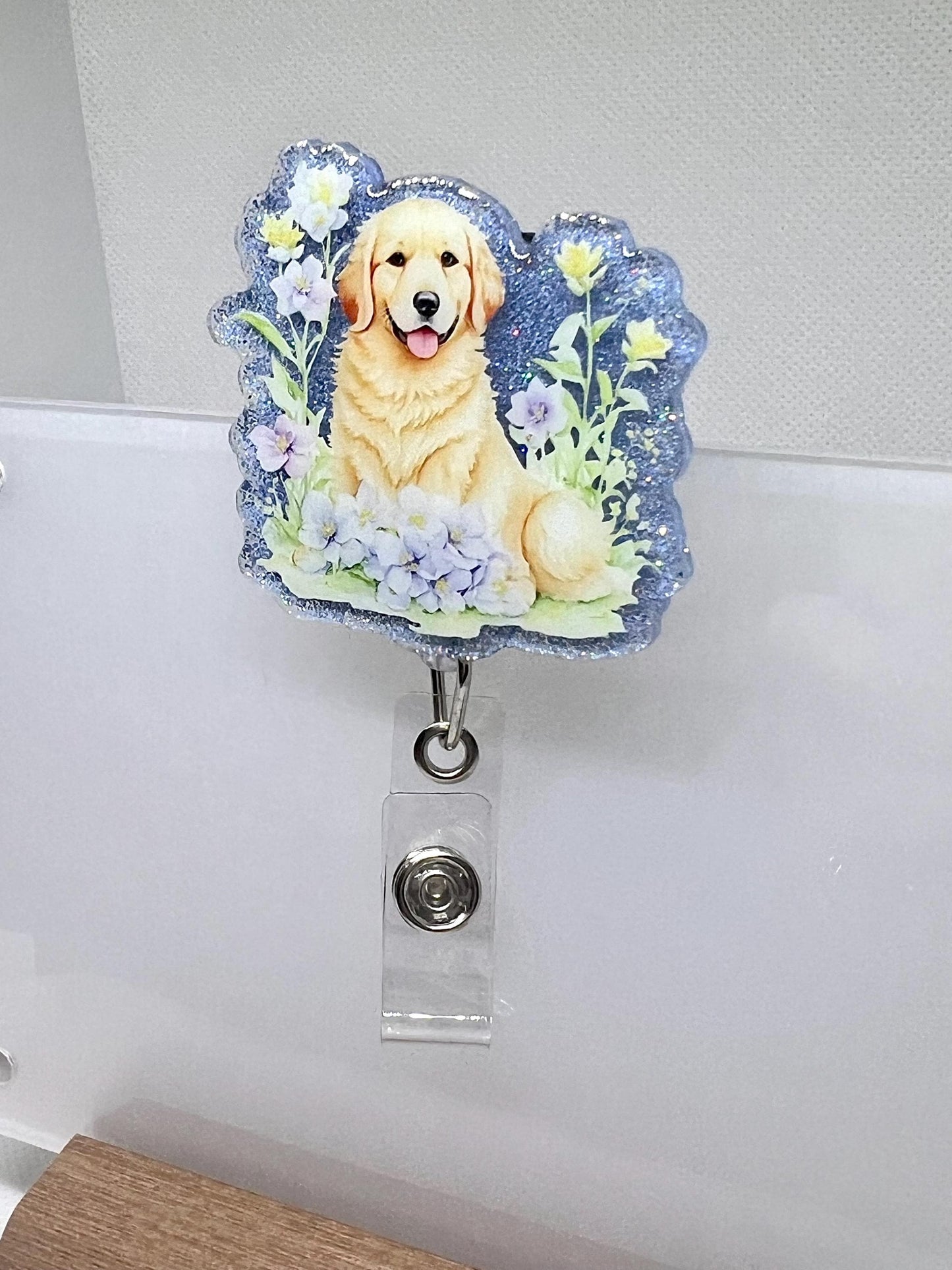 Golden Retriever Badge Reel – Glittery Blue Design with Floral Accents for Dog Lovers and Professionals, Gifts for Her, Graduation Gift