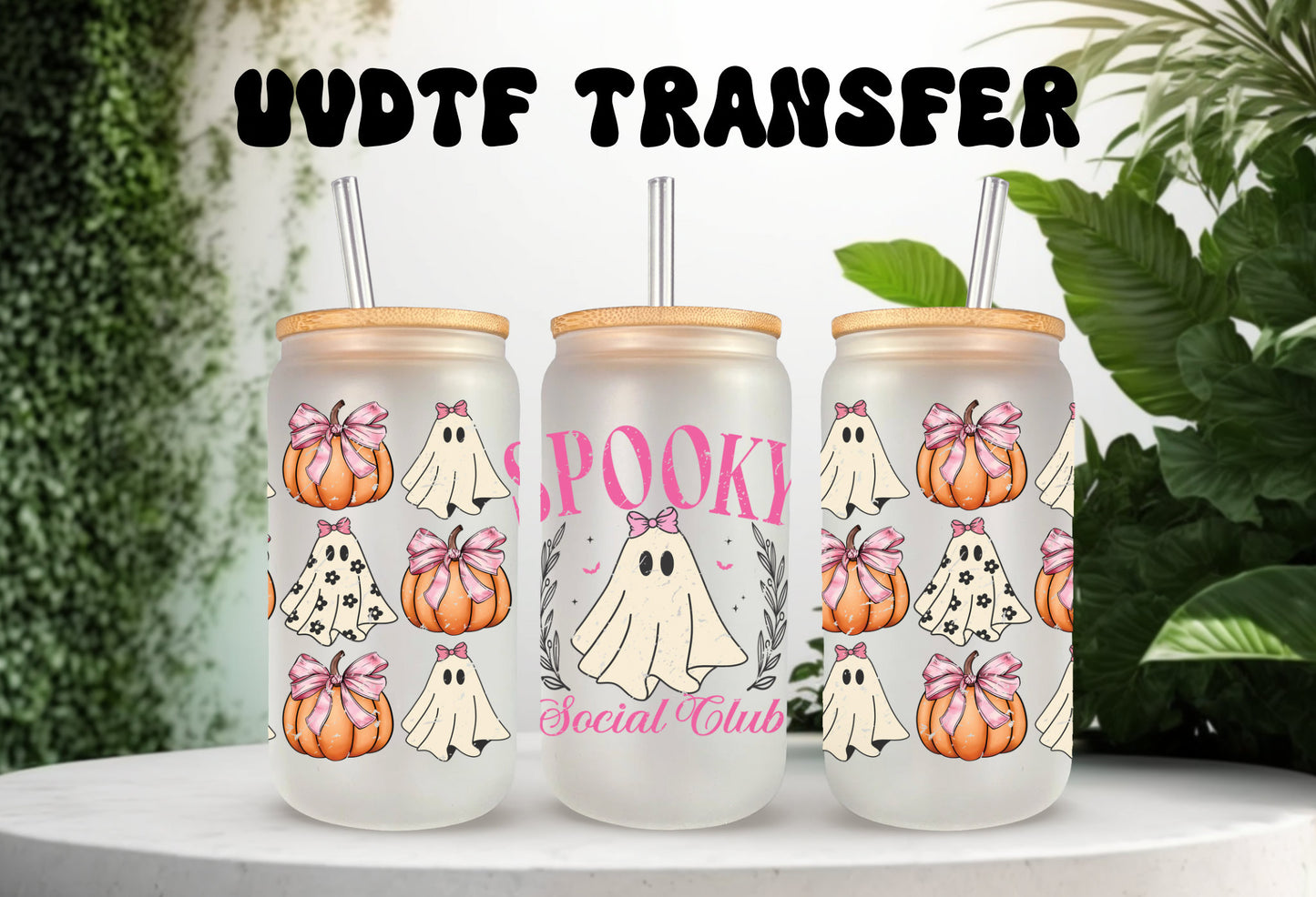 UVDTF Wrap Spooky Social Club Ghost Coquettes Bows 16oz Can Glass, Mug, Tumbler, Ready to apply, Permanent Waterproof Adhesive