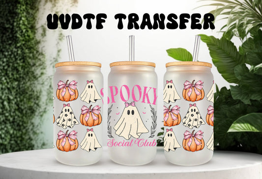 UVDTF Wrap Spooky Social Club Ghost Coquettes Bows 16oz Can Glass, Mug, Tumbler, Ready to apply, Permanent Waterproof Adhesive