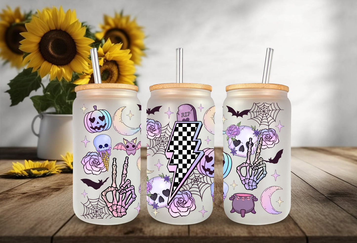 UVDTF Wrap Halloween Retro Pastel 16 oz Can Glass Mug Tumbler, Ready to Apply, Permanent Waterproof Adhesive