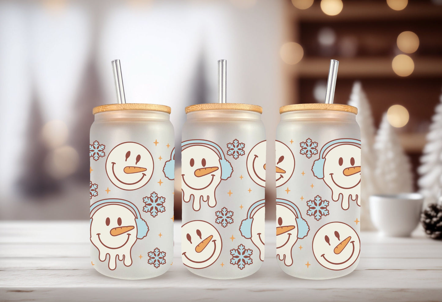 UVDTF Wrap Cute Snowman Winter 16oz Can Glass, Mug, Tumbler, Ready to Apply, Waterproof Permanent Adhesive