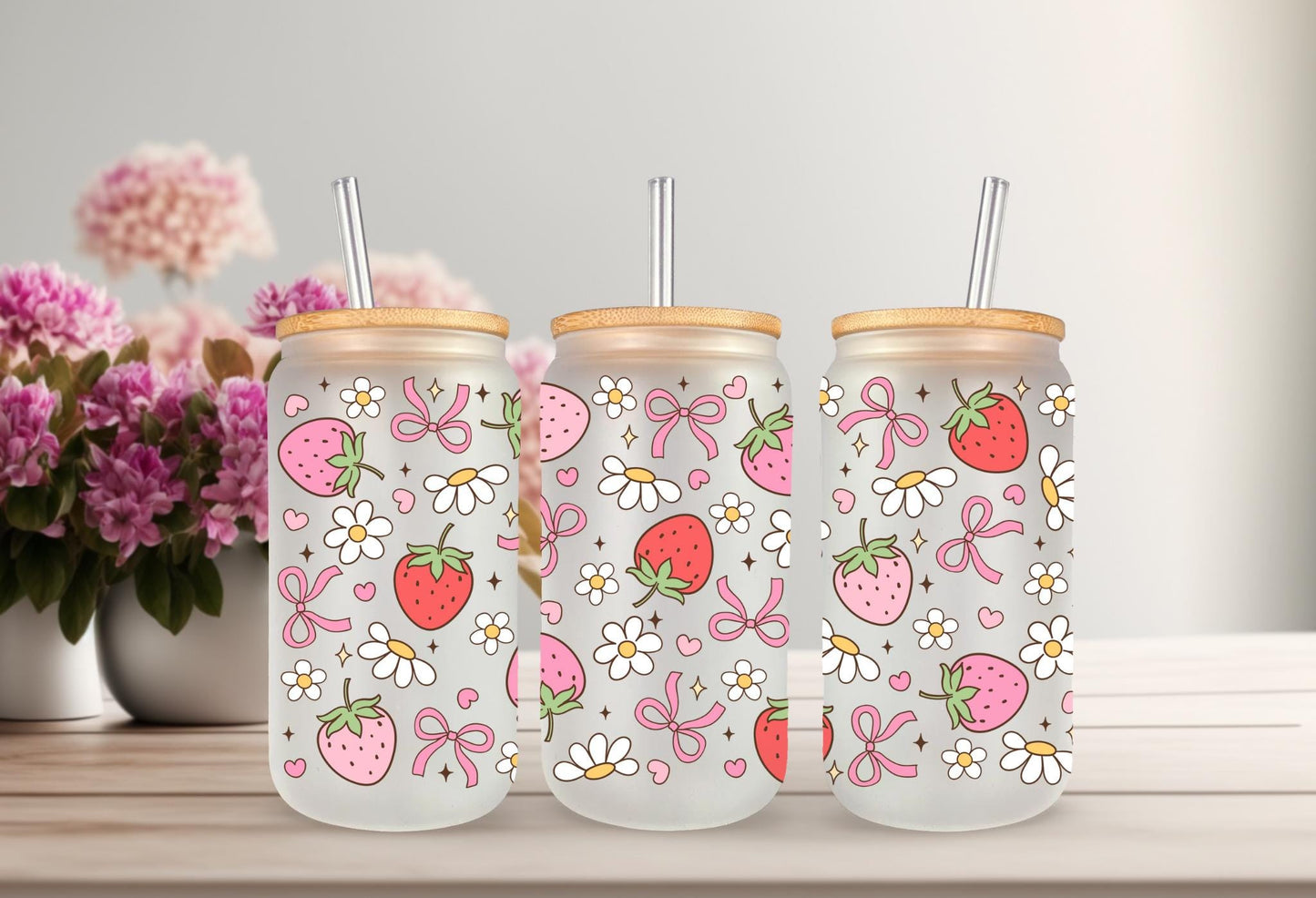 UVDTF Wrap Strawberry Daisy Bow 16oz Can Glass Mug Tumbler, Ready to apply, Permanent Waterproof Adhesive