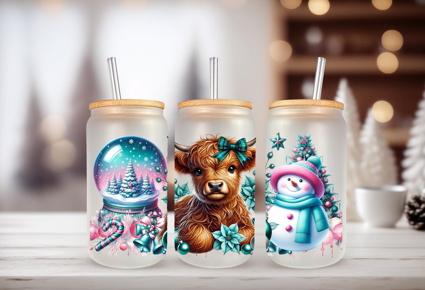 UVDTF Wrap Highland Cow Snowman Snow Globe, Christmas
