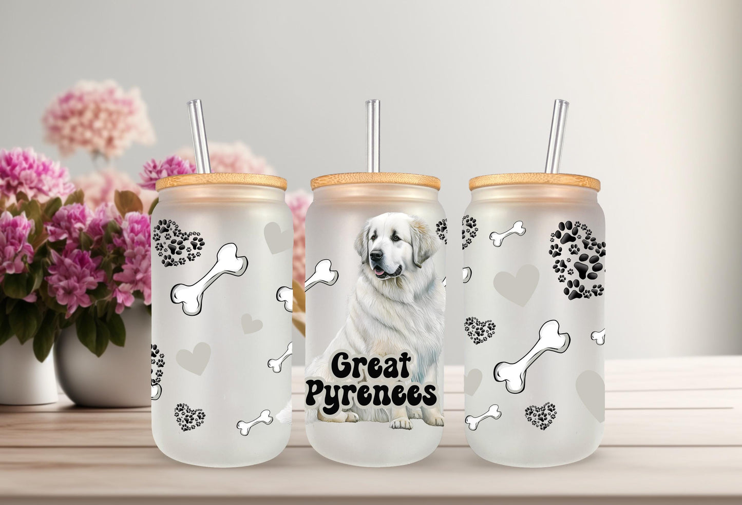UVDTF Wrap Great Pyrenees 16oz Can Glass Mug Tumbler, Dog Wrap, Ready to apply, Permanent Waterproof Adhesive, Bundle Save Option
