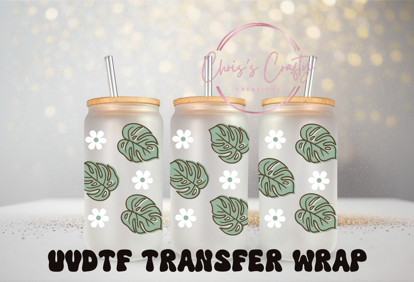 UVDTF Wrap Monstera Daisy Plants for 16oz Can Glass Mug Tumbler,  Plant Daisy Wrap, Ready to Apply, Permanent Waterproof Adhesive