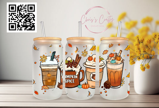 UVDTF Wrap Fall Pumpkin Spice Iced Coffee for 16oz Can Glass Mug Tumbler, Ready to apply, Permanent Waterproof Adhesive