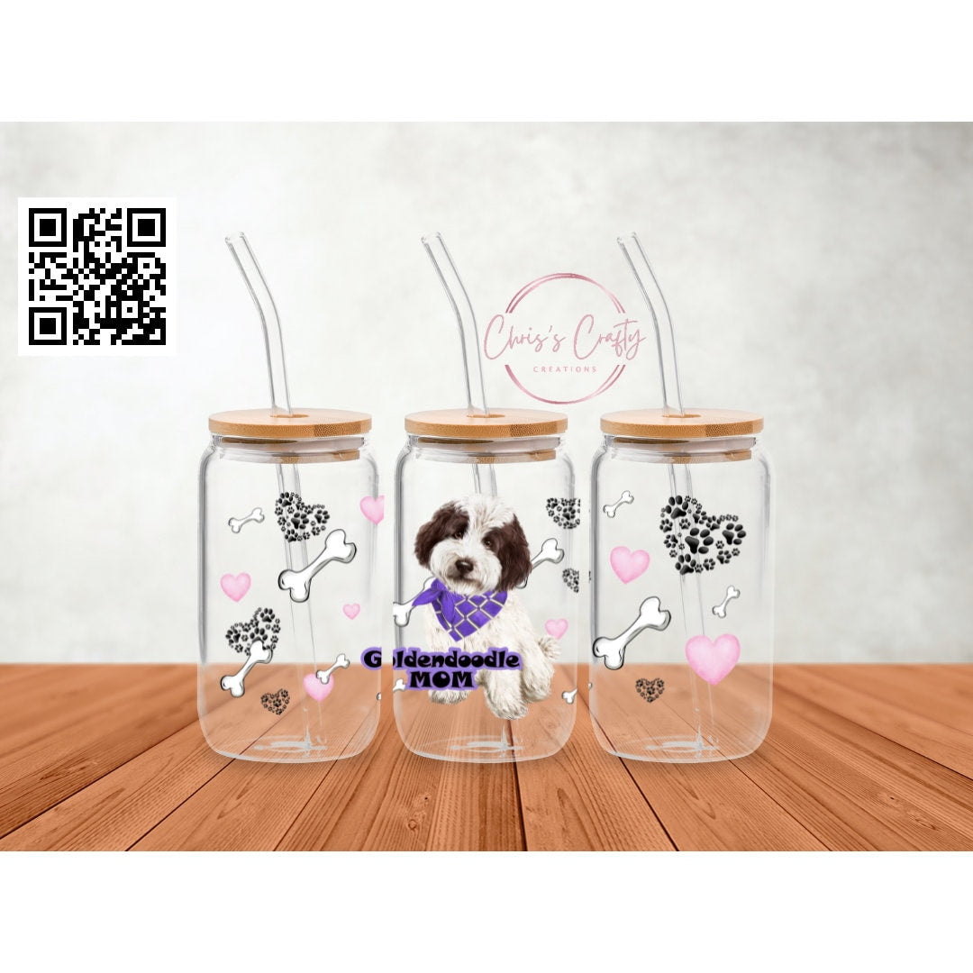 UVDTF Wrap Goldendoodle MoM 16oz Can Glass Mug Tumbler, Dog Mom Wrap, Ready to Apply, Permanent Waterproof Adhesive