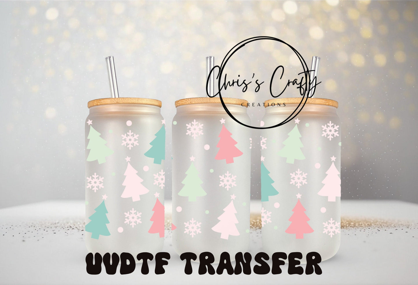 UVDTF WRAPS Pastel Pink Christmas Bundle Set of 4 for 16oz Can Glass, Mug Tumbler, Ready to apply, Permanent Waterproof Adhesive