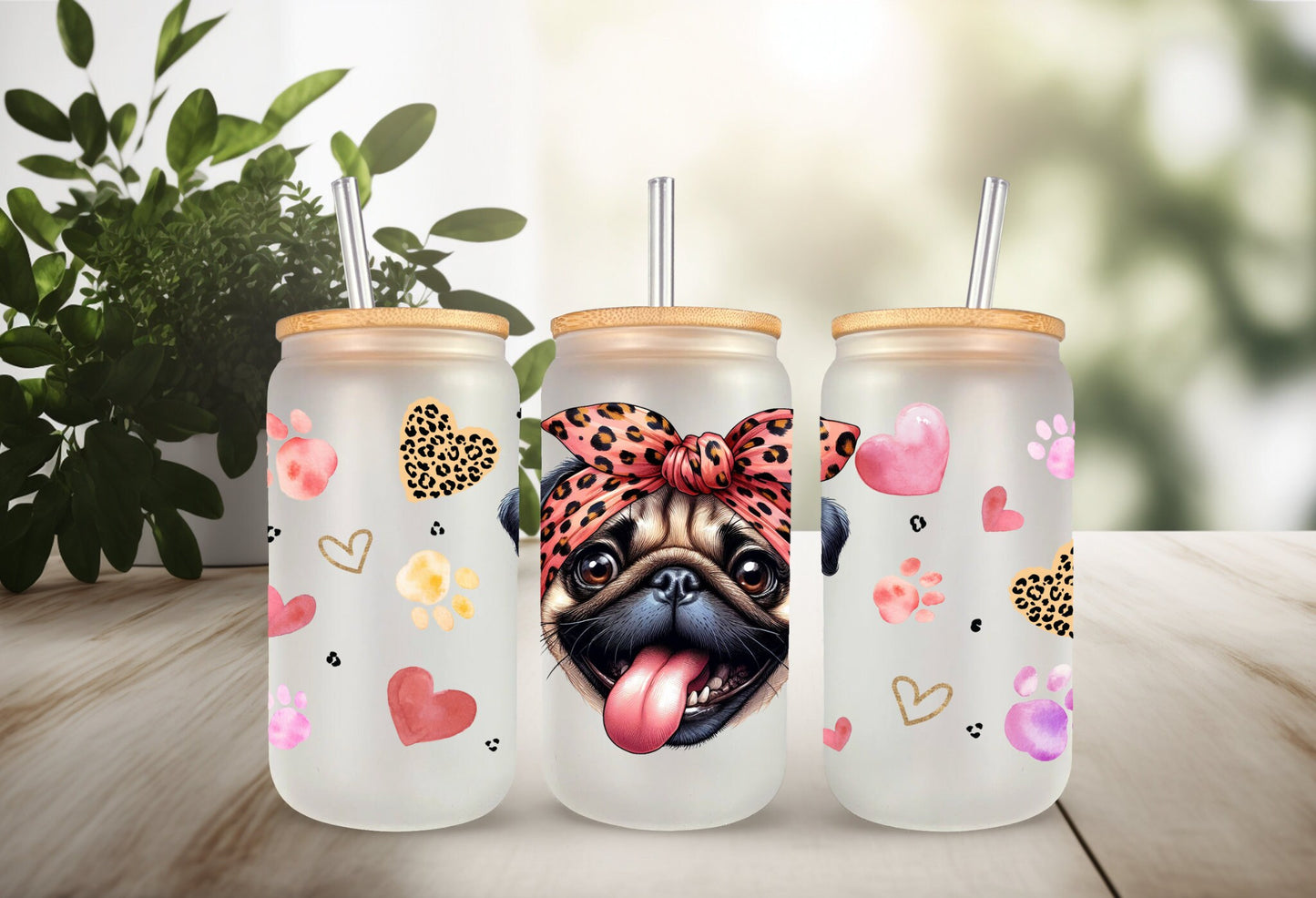 UVDTF Wrap Cute Pug 16oz Can Glass Wrap, Mug Tumbler, Dog Mom, Ready to apply, Permanent Adhesive, Double sided option