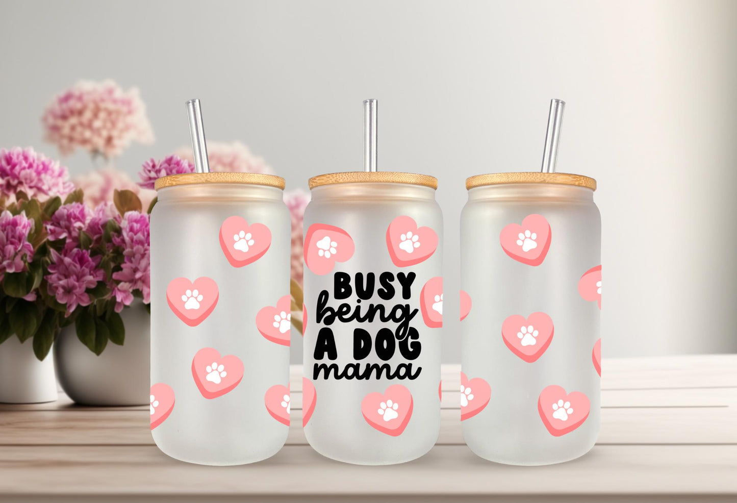 UVDTF Wrap Dog Mama Hearts Paws 16oz Can Glass Mug Tumbler, Ready to apply, Permanent Waterproof Adhesive