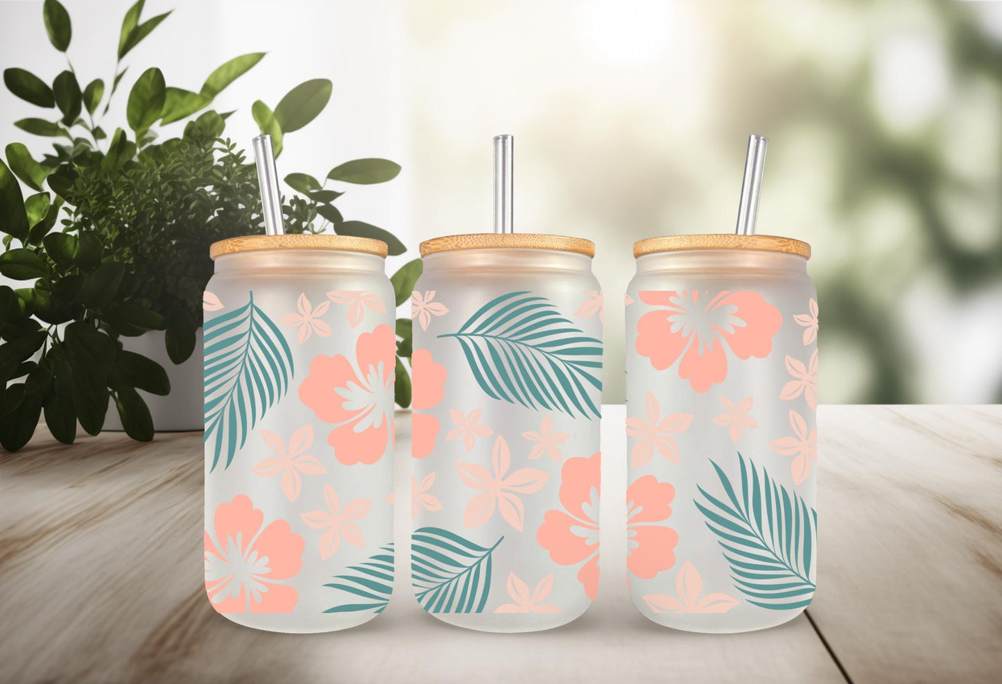 UVDTF Wrap Hibiscus Tropical Flower 16oz Can Glass Mug Tumbler, Ready to Apply, Permanent Waterproof Adhesive