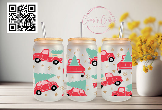 UVDTF WRAP Christmas Tree Red Truck 16oz Can Glass Mug Tumbler, Ready to apply, Waterproof Permanent Adhesive, Double sided option