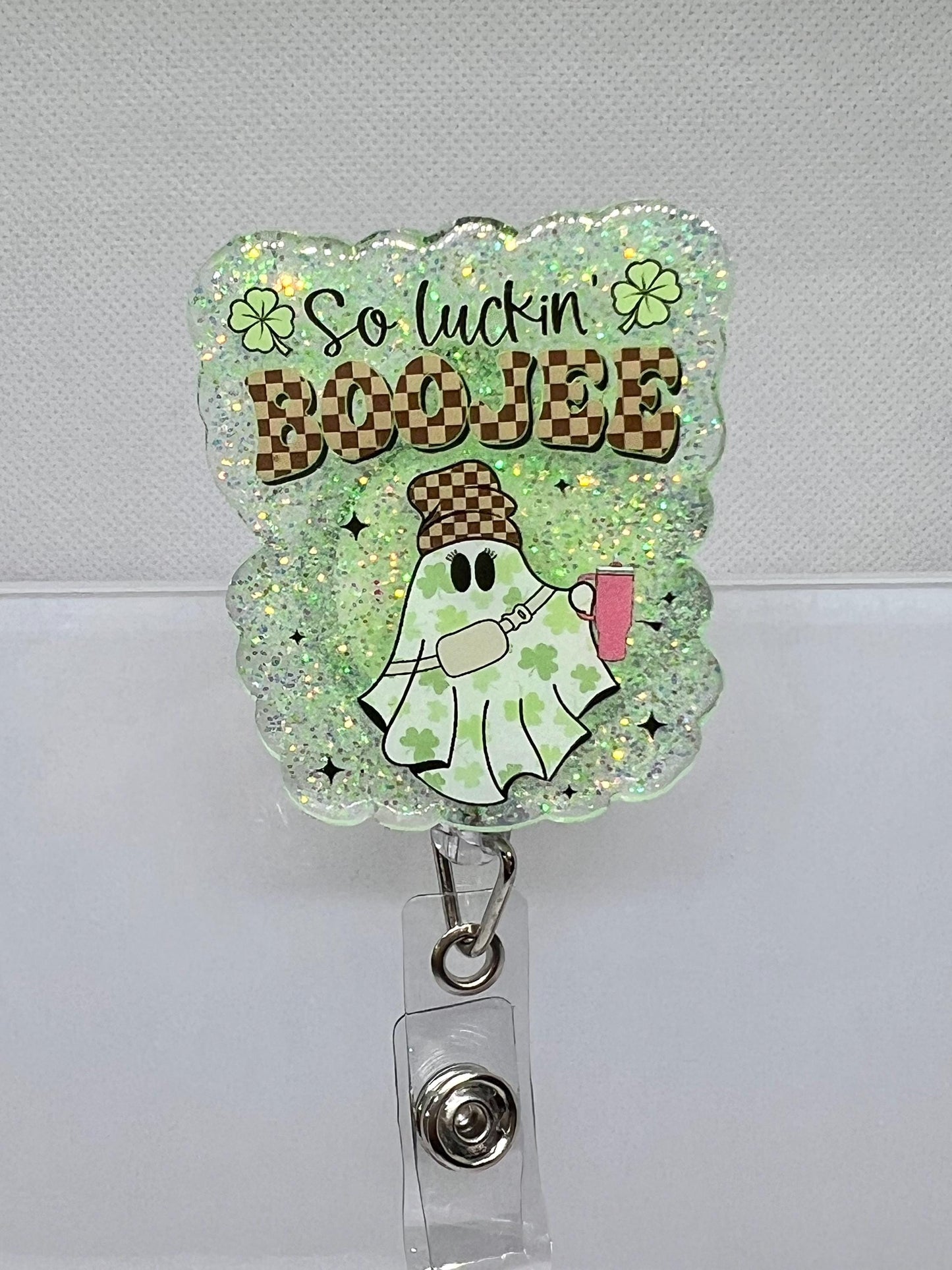 St. Patrick Ghost So Luckin Boojee Acrylic Blank UVDTF Decal Set, Diy Badge Reels, UVDTF sticker, Unfinished Badge Reel, Badge Reel Blanks