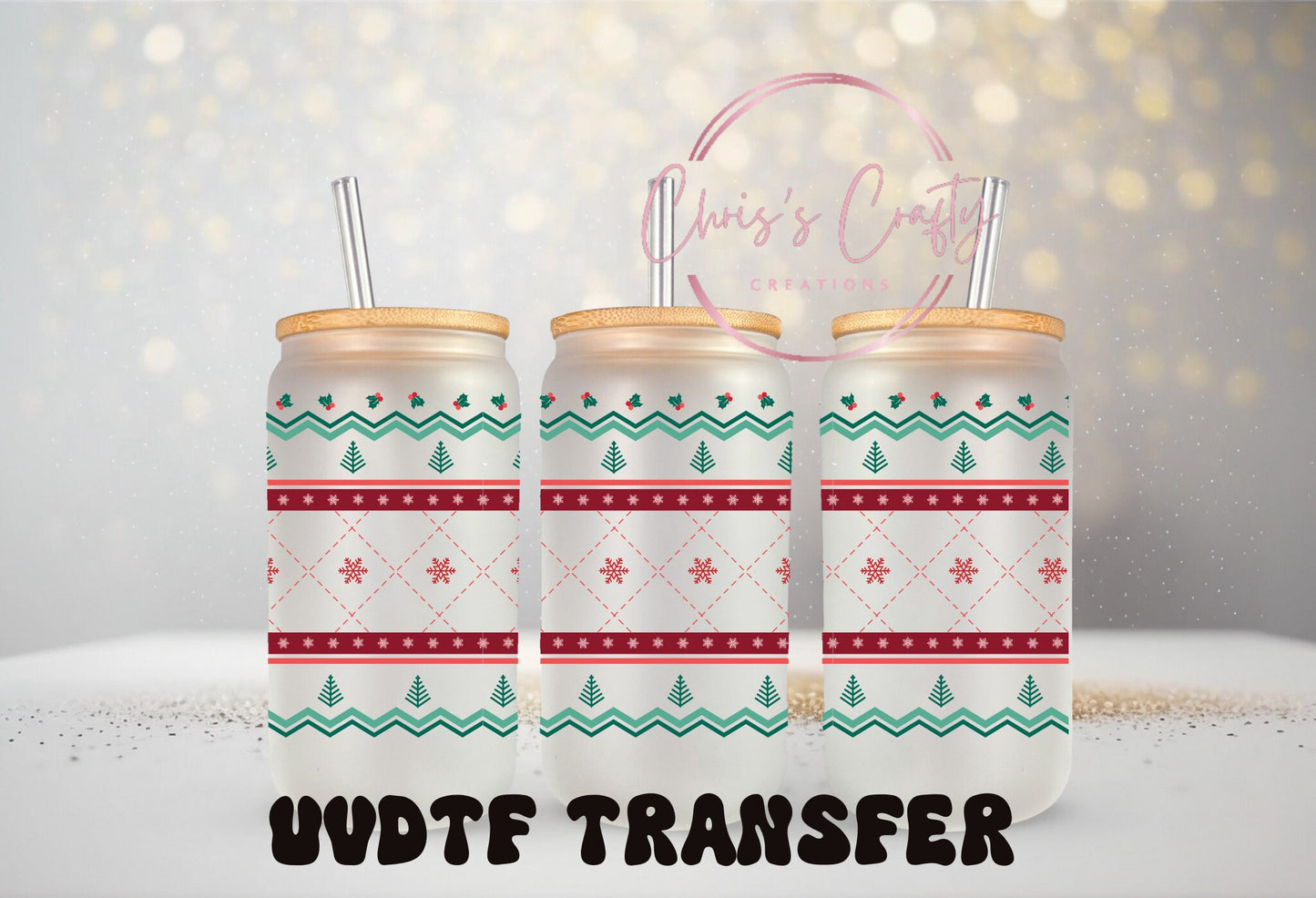 UVDTF Wrap Christmas Plaid Pattern 16oz Can Glass Mug Tumbler, Ready to Apply, Permanent Adhesive