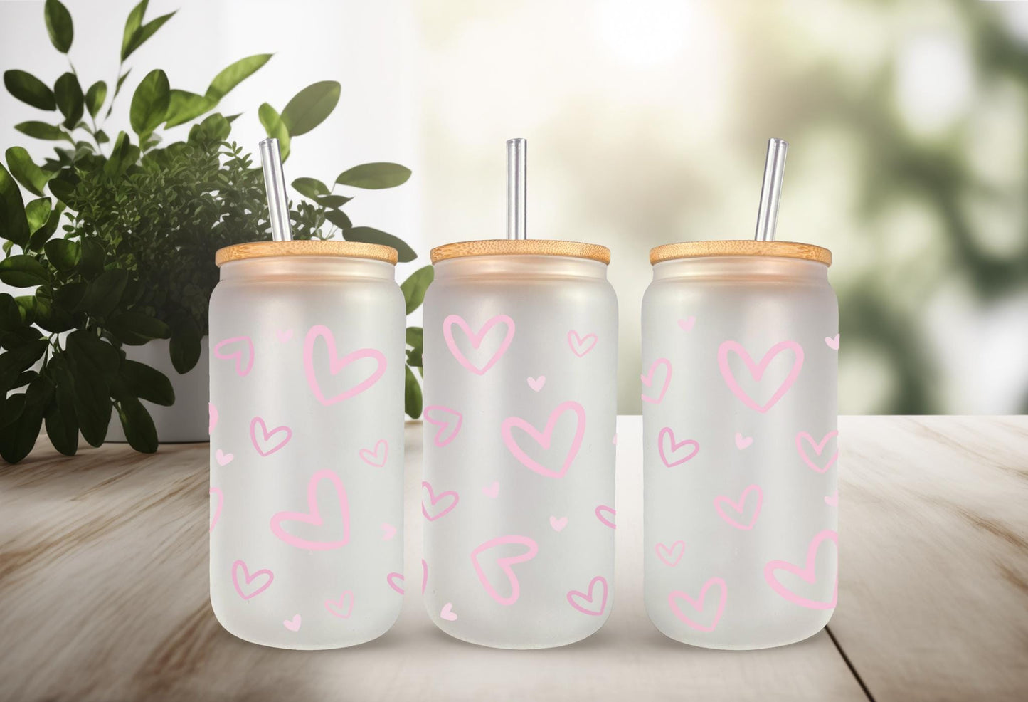 UVDTF Wrap Pink Hearts 16oz Can Glass Mug Tumbler, Valentine Wrap, Ready to Apply, Permanent Waterproof Adhesive, Double Sided Option