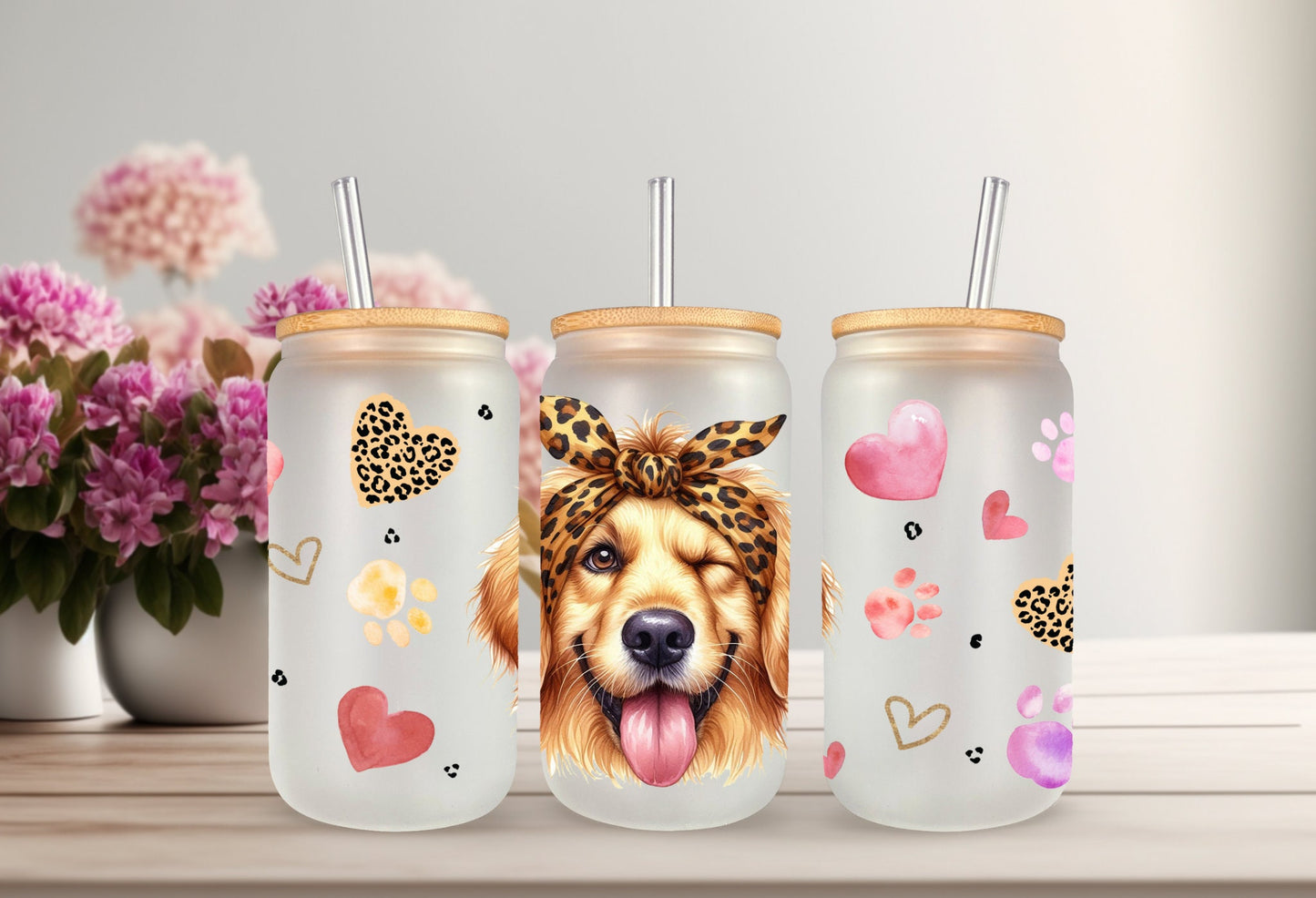 UVDTF Wrap Cute Golden Retriever Leopard Bandana for 16oz can glass Mug Tumbler, Ready to apply, Permanent Waterproof Adhesive, Double Sided option