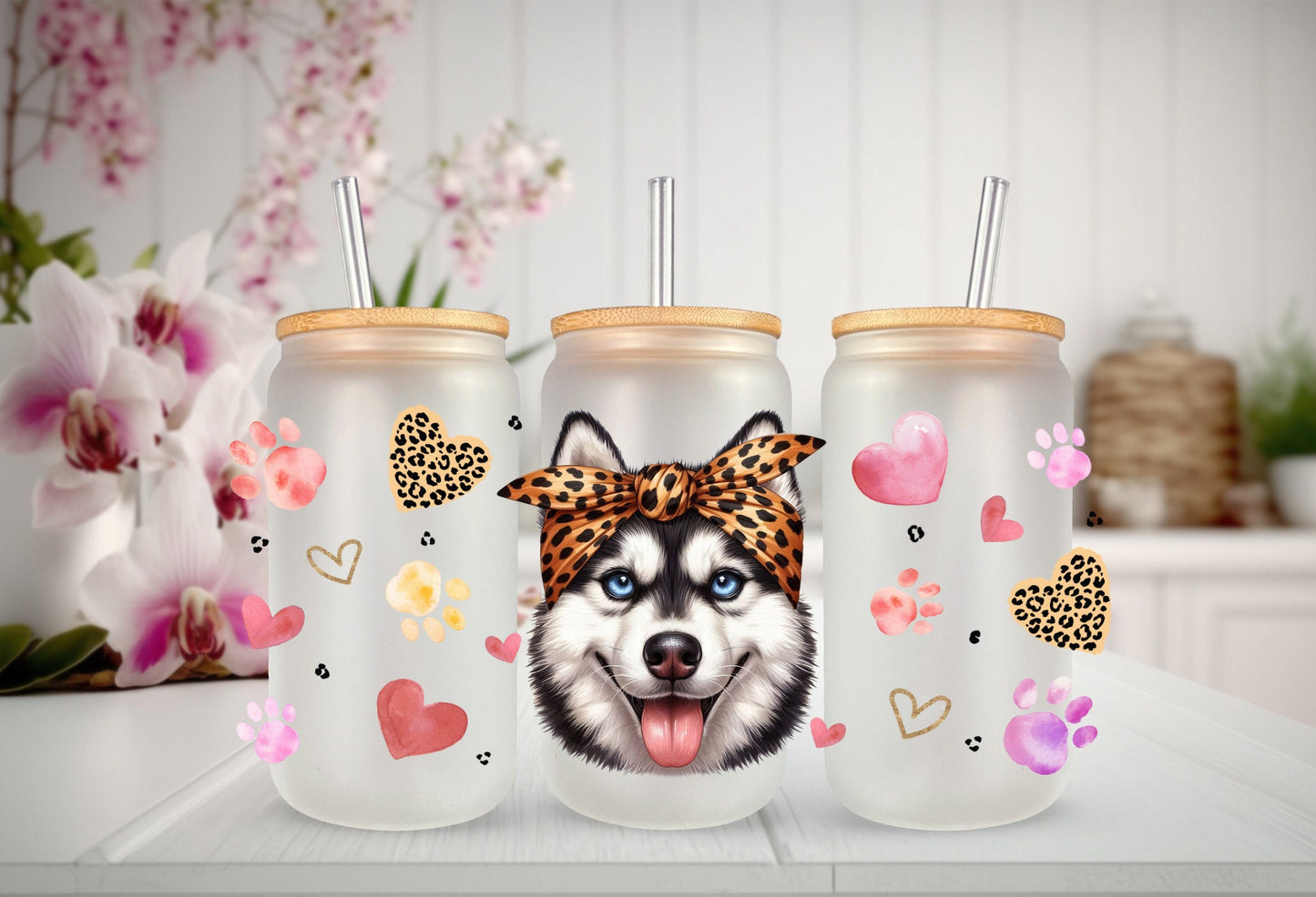 UVDTF Wrap Cute Husky 16 oz Can Glass Wrap, Mug Tumbler, Dog Mom, Ready to apply, Permanent Adhesive Waterproof