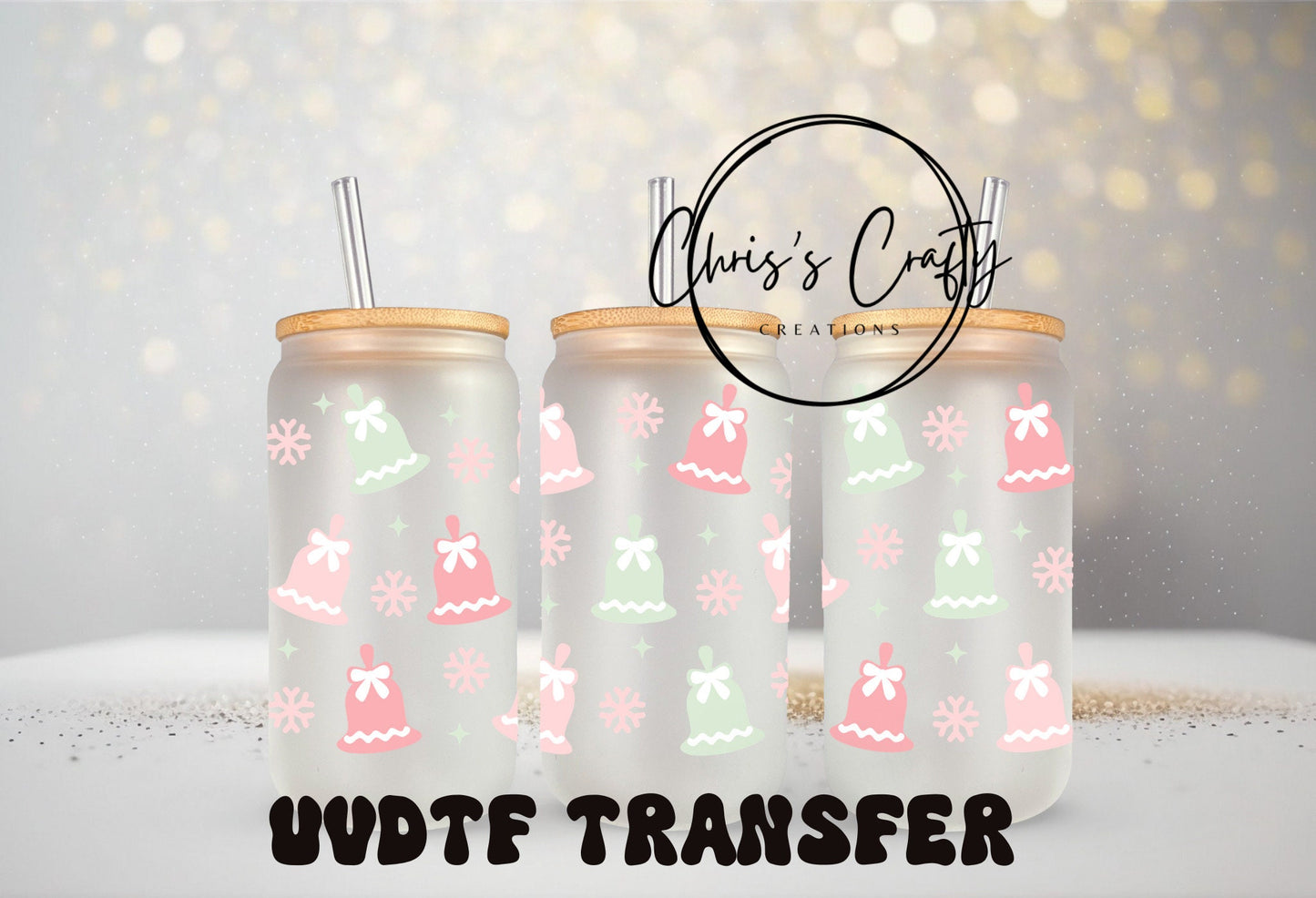 UVDTF WRAPS Pastel Pink Christmas Bundle Set of 4 for 16oz Can Glass, Mug Tumbler, Ready to apply, Permanent Waterproof Adhesive