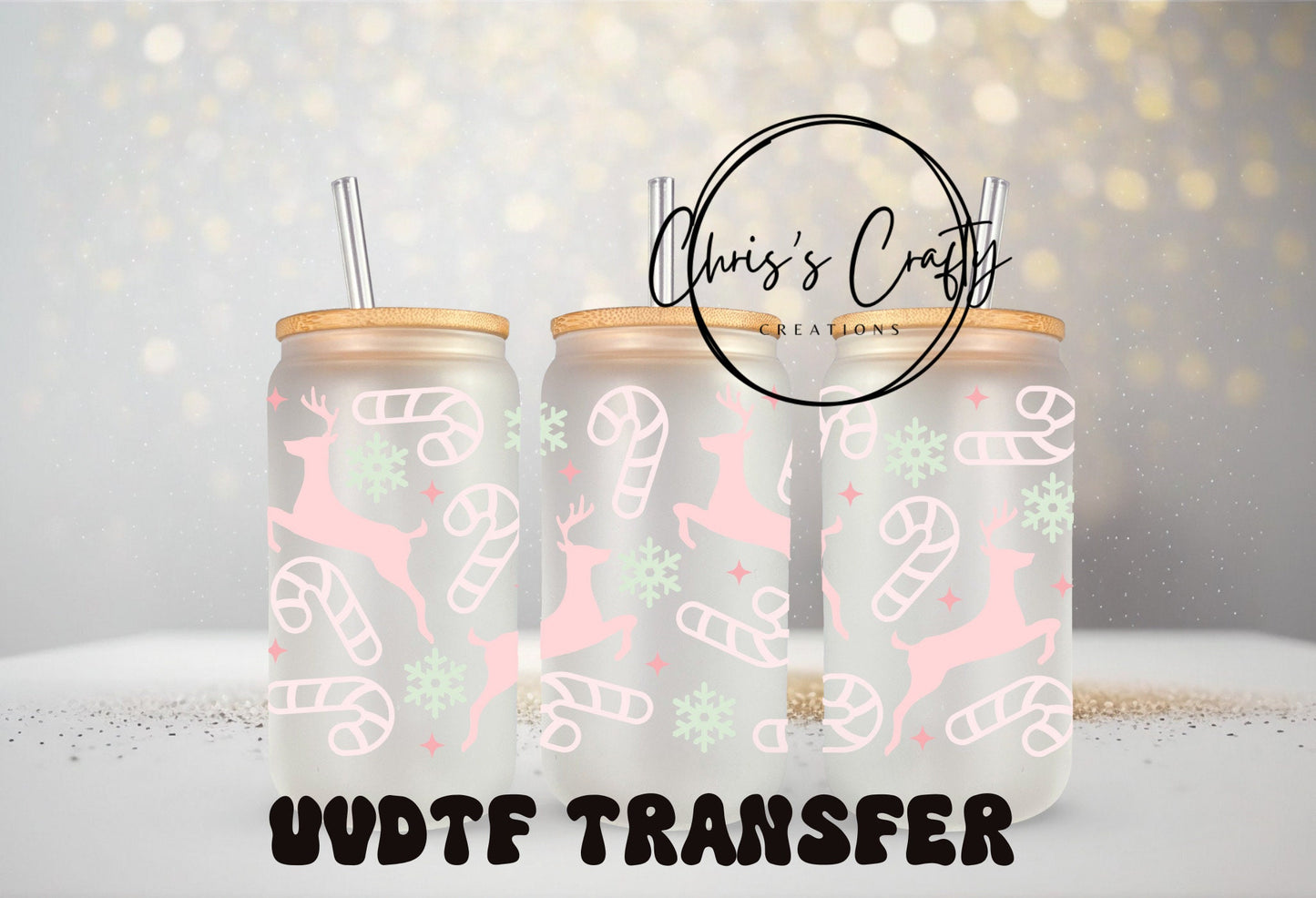 UVDTF WRAPS Pastel Pink Christmas Bundle Set of 4 for 16oz Can Glass, Mug Tumbler, Ready to apply, Permanent Waterproof Adhesive