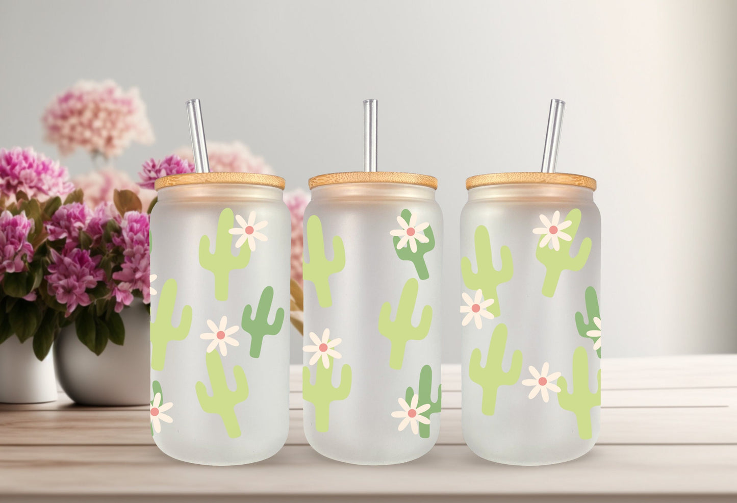 UVDTF Wrap Cactus Flower 16oz Can Glass, Mug, Tumbler, Cactus Wrap, Ready to apply, Permanent Adhesive Waterproof, Add on a Cup