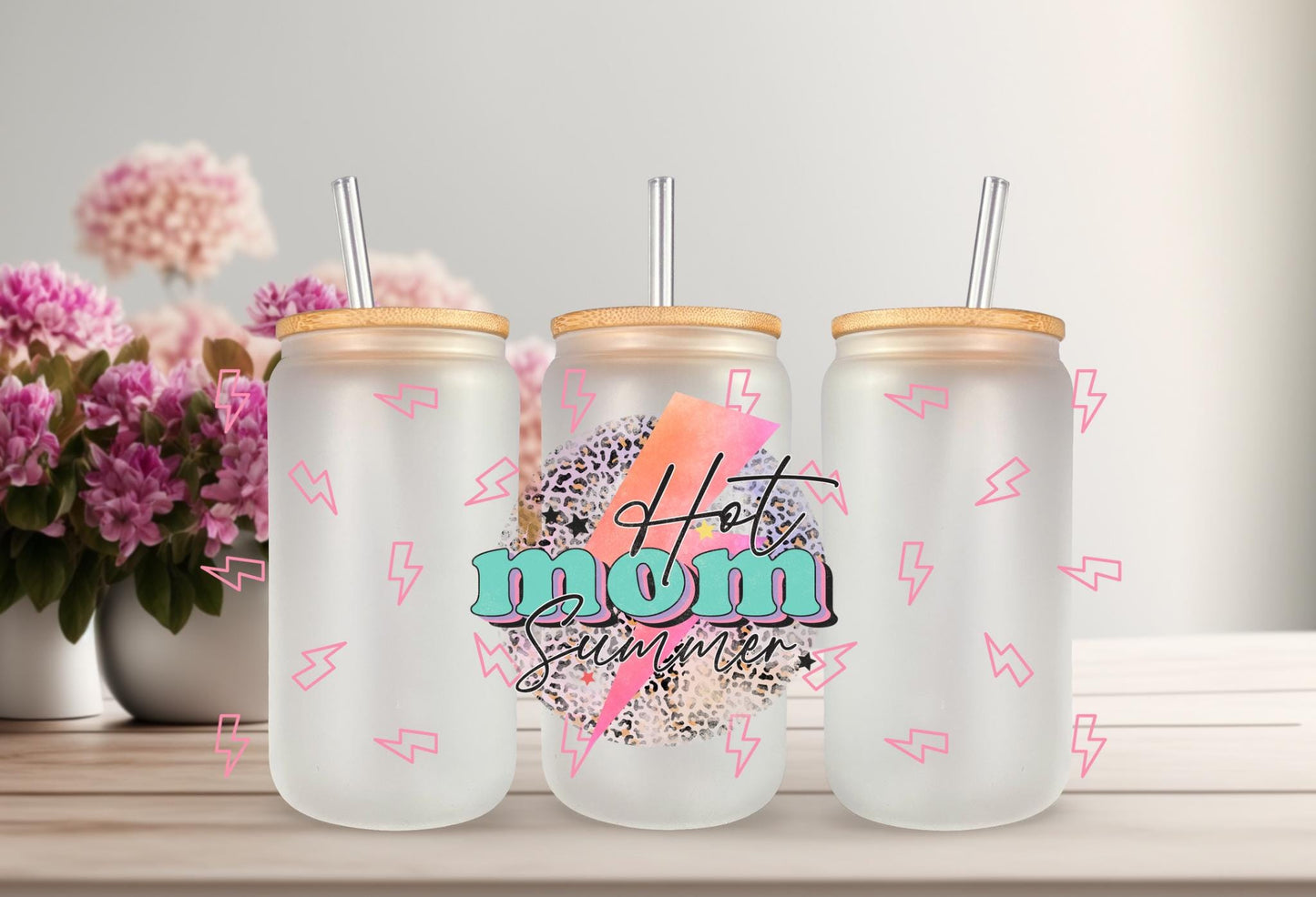 UVDTF Wrap Hot Mom Summer Lightning Bolt 16oz Can Glass Mug Tumbler, Ready to apply, Permanent Waterproof Adhesive