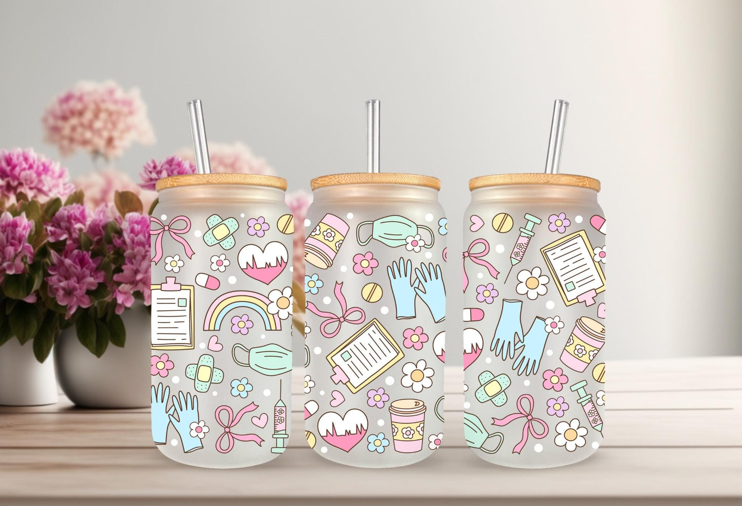 UVDTF Wrap Pastel Medical Bow 16oz Can Glass Mug Tumbler, Healthcare Wrap, Ready to Apply, Permanent Waterproof Adhesive