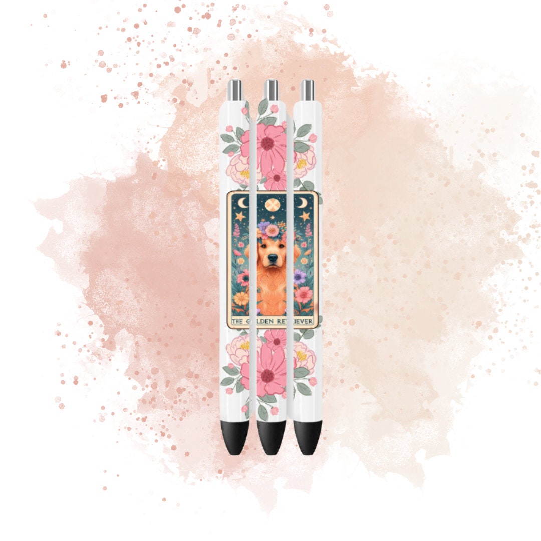 UVDTF Pen Wrap Golden Retriever Tarot Card Retro Flower, Dog Pen wrap, Pen Wrap, Epoxy Pen Wrap, Permanent Waterproof Adhesive, Ready to Apply