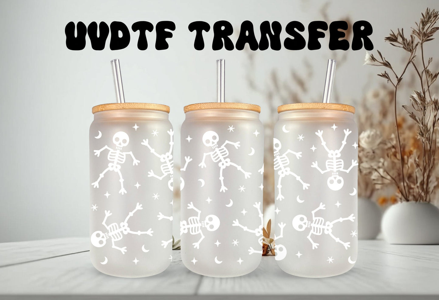 UVDTF Wrap Halloween White Skeletons 16oz Can Glass, Mug, 40oz  Tumbler Wrap, Ready to apply, Permanent Adhesive, Double sided option
