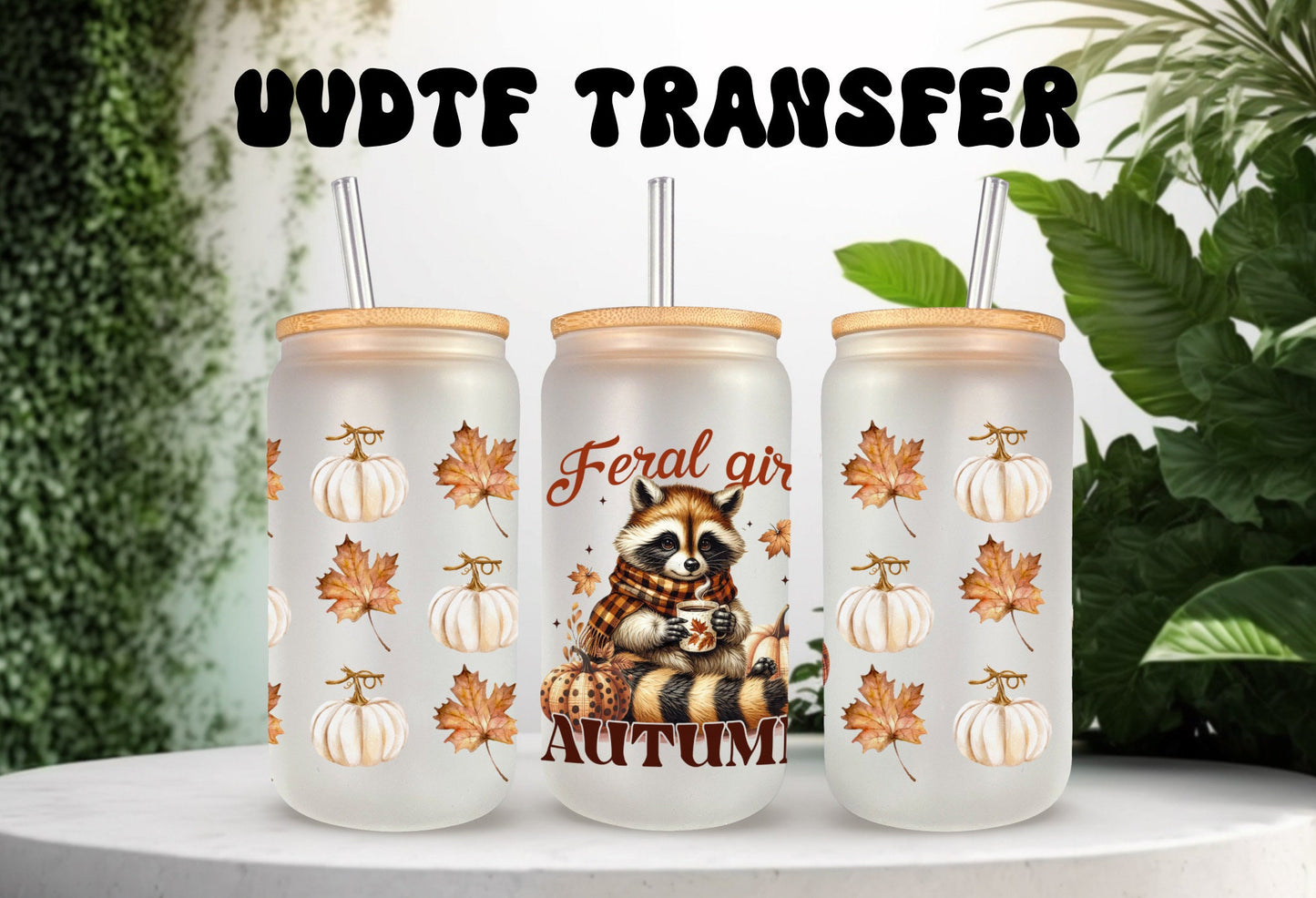 UVDTF Wrap Feral Girl Autumn Racoon Pumpkin for 16oz Can Glass Mug Tumbler, Ready to apply, Permanent Adhesive, Double Sided option