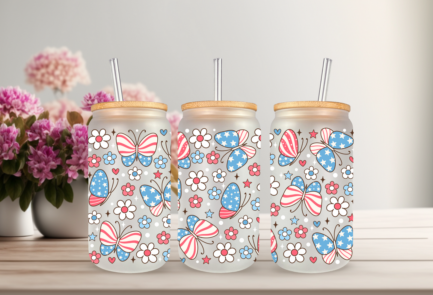 UVDTF Wrap Patriotic Butterfly 16oz Can Glass Mug Tumbler, Ready to apply, Permanent Waterproof Adhesive