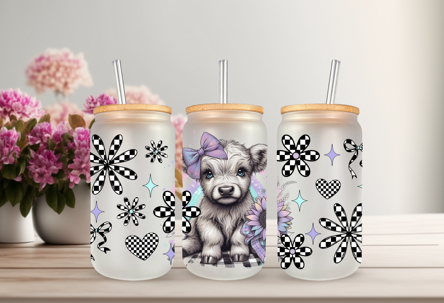 UVDTF Wrap Highland Cow Checkered Daisy 16oz Can Glass Mug Tumbler Wrap, Ready to apply, Permanent Adhesive
