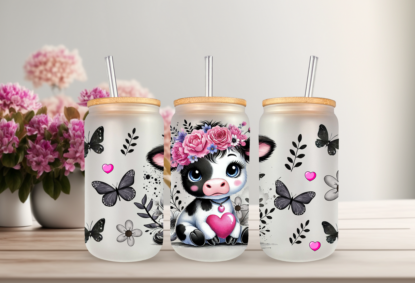 UVDTF Wrap Cute Cow Floral Butterfly For 16oz Can Glass Mug Tumbler, Ready to Apply, Permanent Waterproof Adhesive