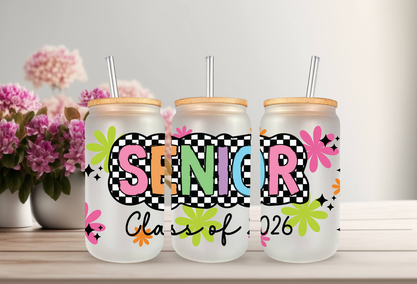 UVDTF Wrap Senior 2026 Checkered for 16oz Can Glass Mug Tumbler, Ready to Apply, Permanent Adhesive, Exclusive
